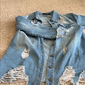 Jou Jou Distressed Light Blue Denim Jacket with Ripped Detail